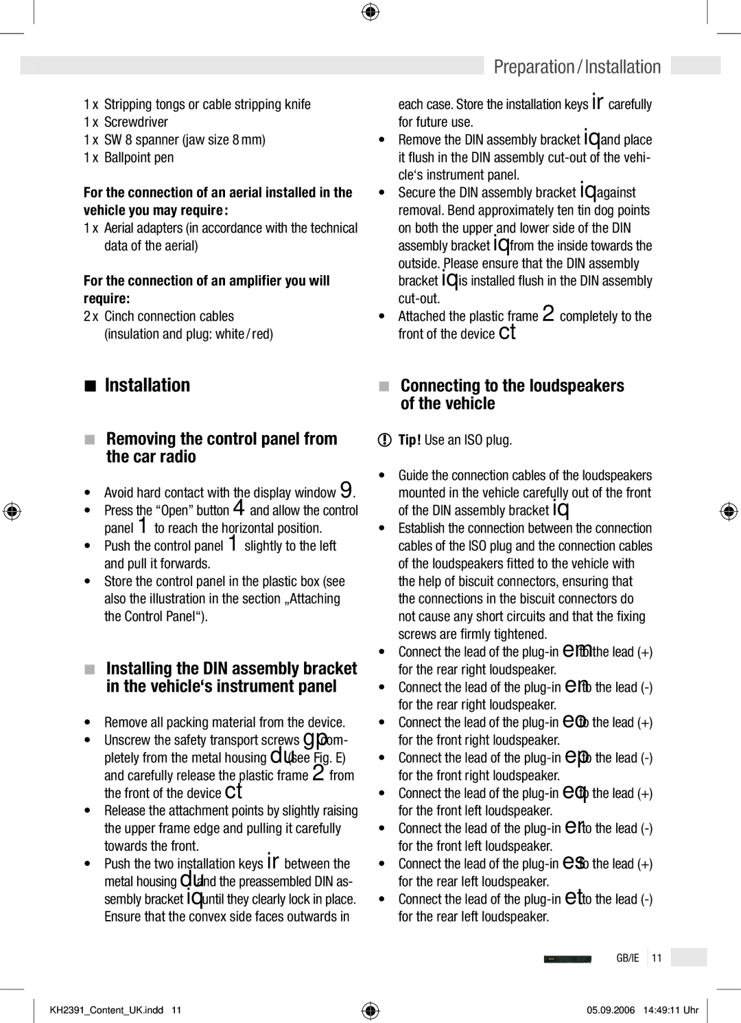 Kompernass KH 2391 Preparation / Installation, Removing the control panel from the car radio, Tip! Use an ISO plug 